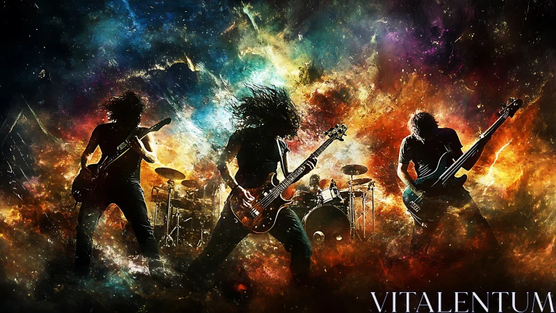 Electric rock band glowing against a colorful cosmic sky.