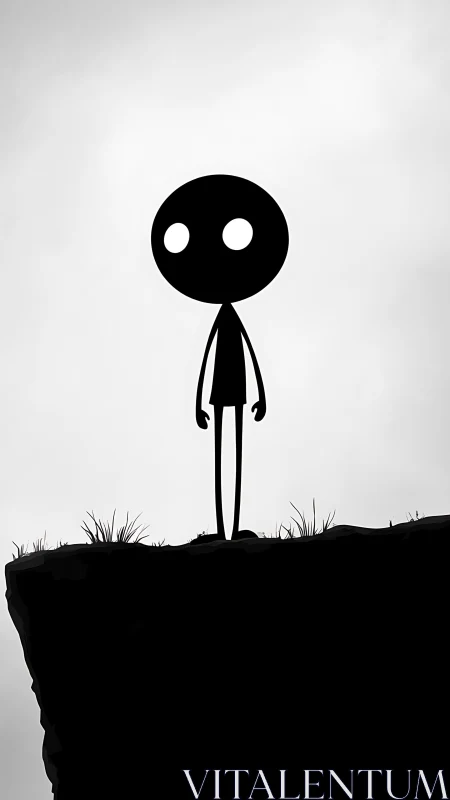 Minimalist stick figure silhouette on cliff edge composition.