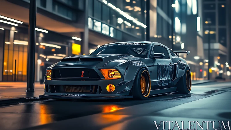 Custom widebody muscle car glows under neon city lights.