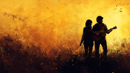 Guitarist and companion stand united in a fiery sunset field.
