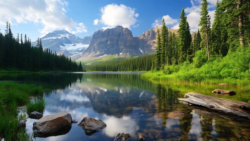 Mountain mirror morning over pine-ringed emerald lake.