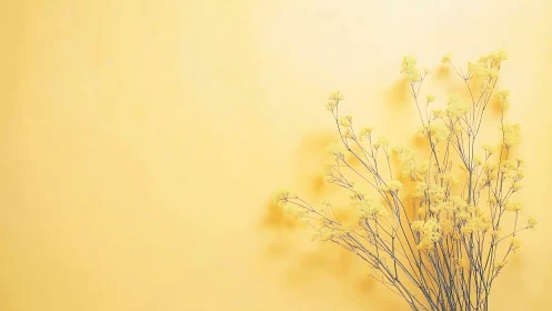 Dried botanical stems and seed heads arranged against monochromatic yellow background