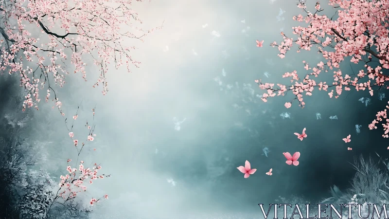 Whispering cherry blossoms cradle drifting pastel butterflies.