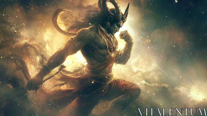 Mythic warrior god strides through blazing cosmic storm.