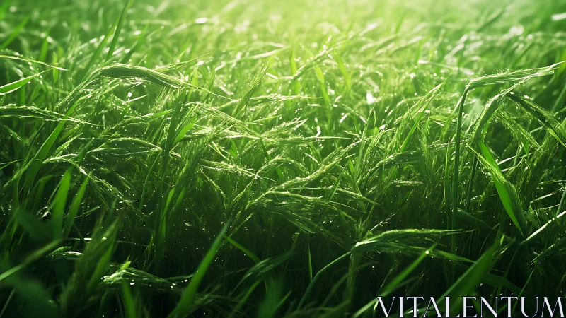 Sunlit dewy meadow grass with shallow depth of field detail.