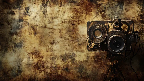 Vintage twin lens camera against distressed grunge wall.