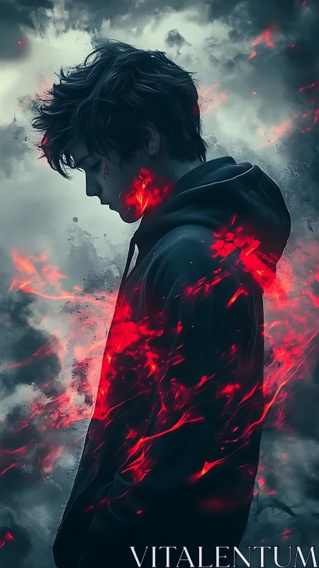 Brooding emberborn youth wrapped in stormlit scarlet fire.