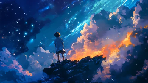 Child stands on twilight cliff under glowing cosmic sky