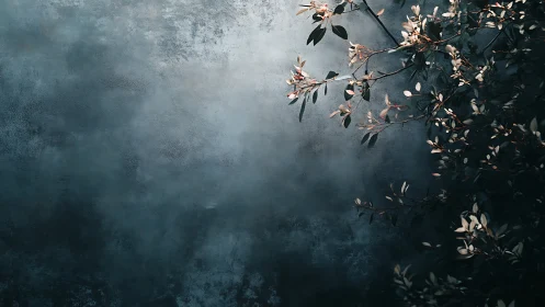 Moody blue wall with sunlit leafy branch on right side.