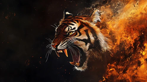 Fiery tiger spirit roars boldly from swirling orange flames