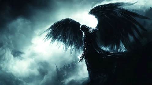 Midnight seraph with shadowed wings guarding a ruined world.