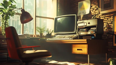 Sunlit retro computer workspace in warm nostalgic glow.