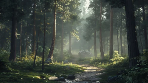 Misty Forest Path with Towering Trees and Golden Light