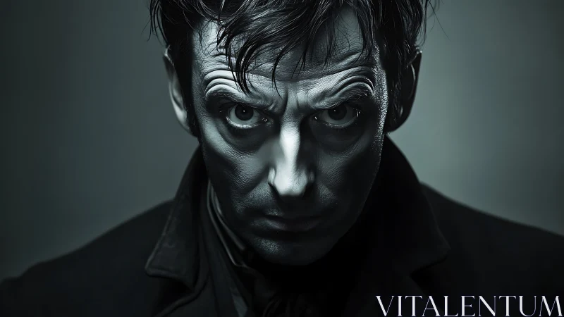 Moody monochrome portrait with intense shadowed stare.