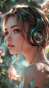 Digital portrait girl with headphones in soft floral light.