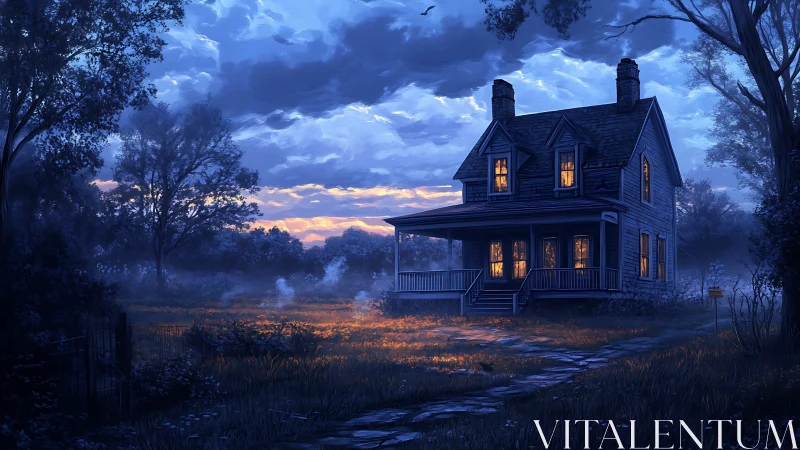 Isolated farmhouse glows under brooding twilight sky.