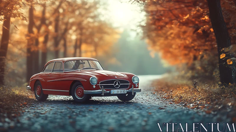 Crimson classic car savors a peaceful drive through autumn woods