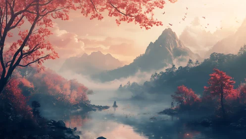 Serene red forest lake beneath misty sunrise mountains.
