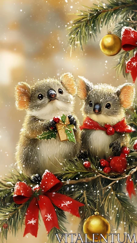 Festive baby mice share gifts amid sparkling Christmas boughs.