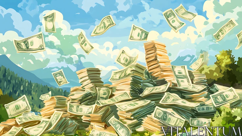 Monetary stratigraphy mapped as airborne banknote cascade.