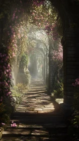 Stone garden path under floral arches in soft daylight.