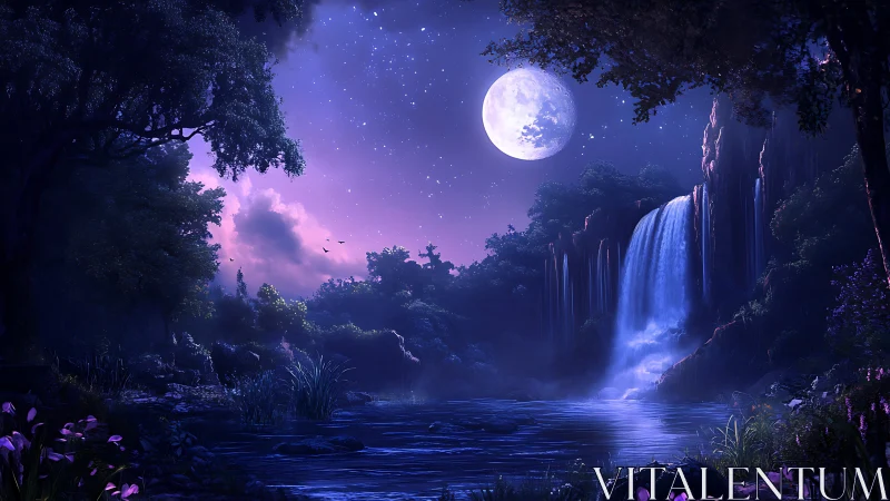 Digital landscape depicts moonlit waterfall and forest river