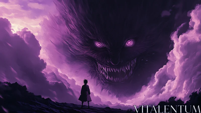 Storm-lit wanderer facing a colossal violet nightmare sky.
