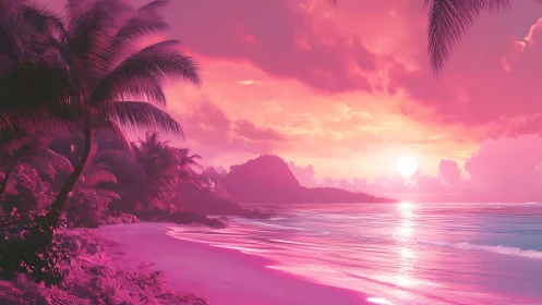 Neon pink tropical beach sunset with palm silhouettes.