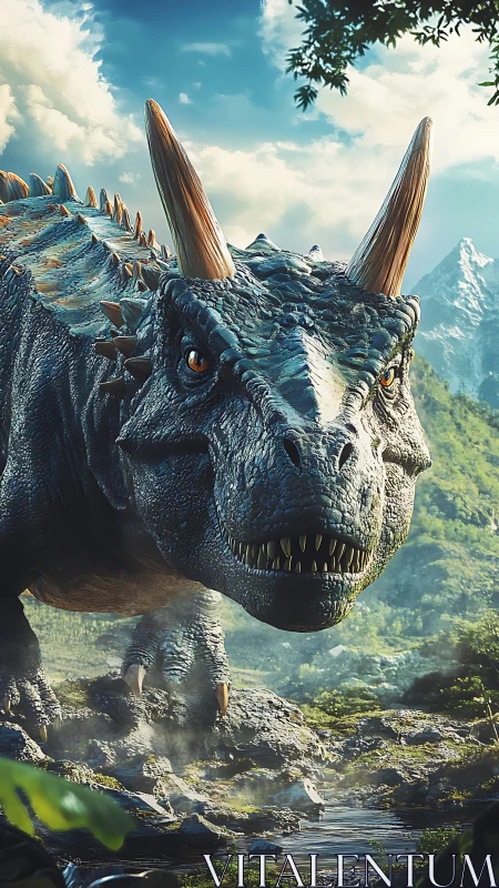 Horned theropod dinosaur close-up in lush mountain valley