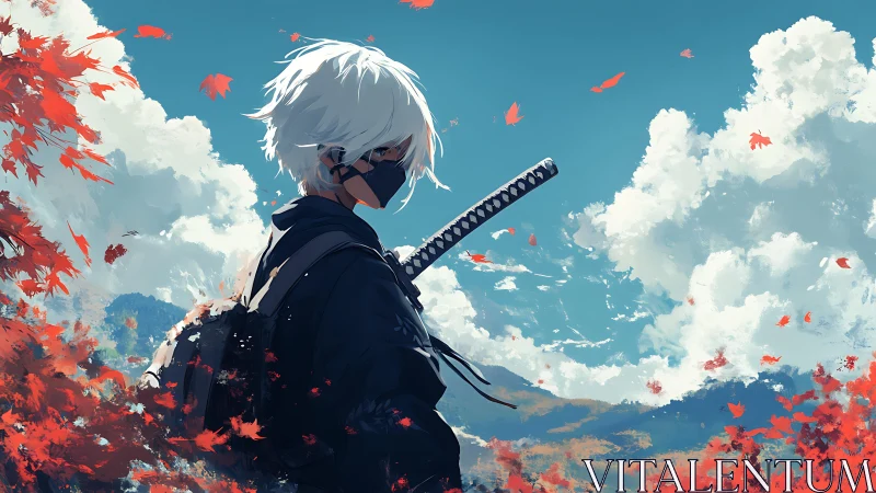 Masked white-haired ronin in red autumn field against vast sky