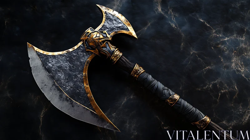 Ornate double-headed battle axe rendered in dark photorealism