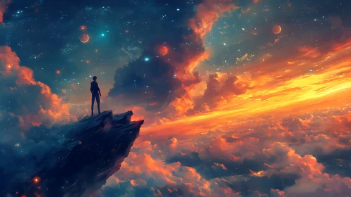 Cosmic vantage point on nebular horizon in digital painting.