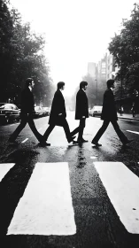 Monochrome silhouettes crossing wet urban crosswalk in perspective