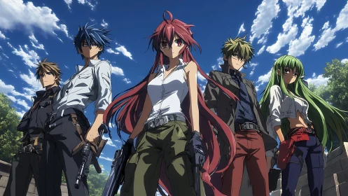 Anime squad of armed youths stands outdoors in formation