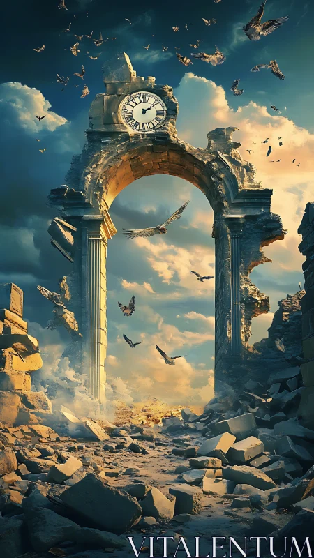 Crumbling clock arch welcomes birds into a dreamy sky passage
