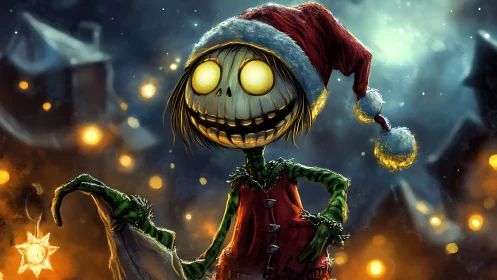 Spooky holiday skeleton grinning in glowing winter night.