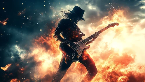 Flaming rock guitarist silhouette shredding electric solo.