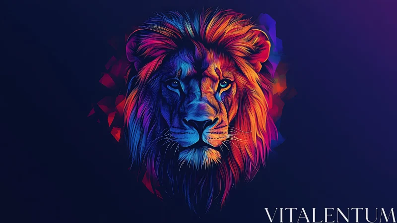 Vibrant neon lion portrait glows against deep indigo void