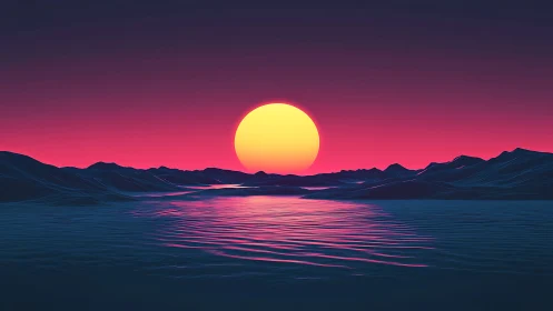 Neon sun sinks over stylized mountains and shimmering water
