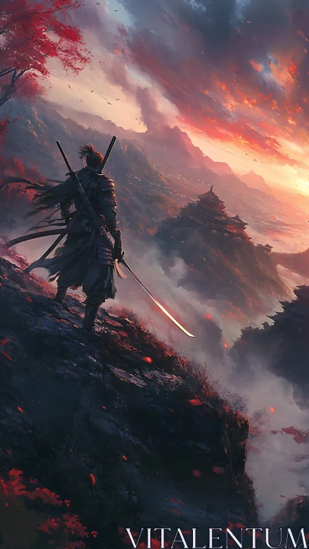 Lone samurai overlooks misty valley beneath burning skies