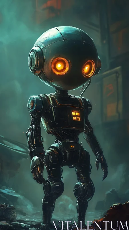 Glowing-eyed robot explores misty sci-fi industrial ruins.