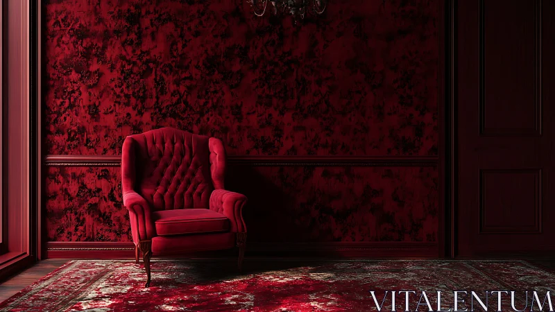 Velvet red armchair anchors dramatic monochrome interior