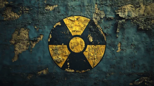 Weathered radiation hazard symbol marks corroded steel wall
