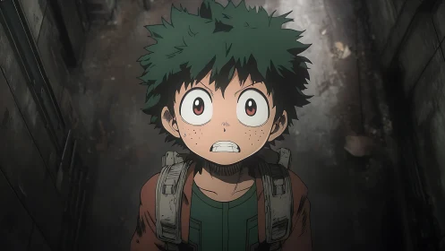 Anime corridor portrait with dramatic upward perspective framing.