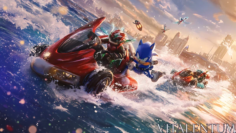 High-speed stylized jet-ski chase with blue hedgehog character