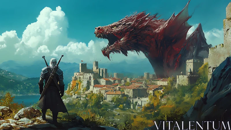 Armored swordsman confronting massive red dragon over city.