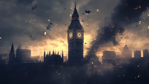 Clock tower skyline under stormy apocalyptic blast.