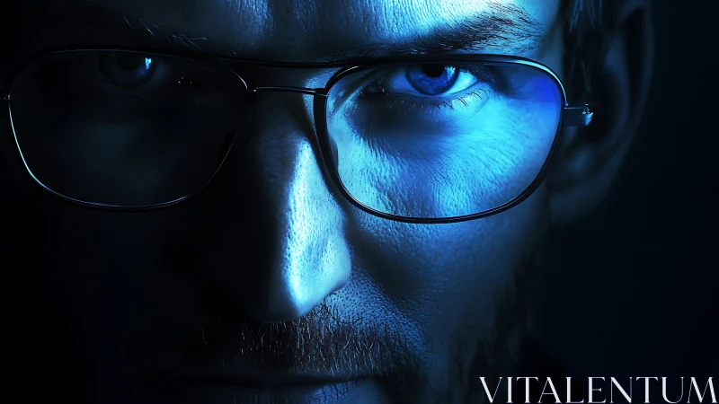 Close-up blue-lit male face with glasses in partial shadow.