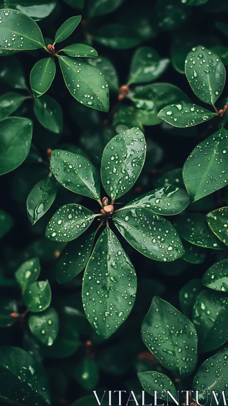 Rain-dotted green leaves form dense glossy foliage pattern