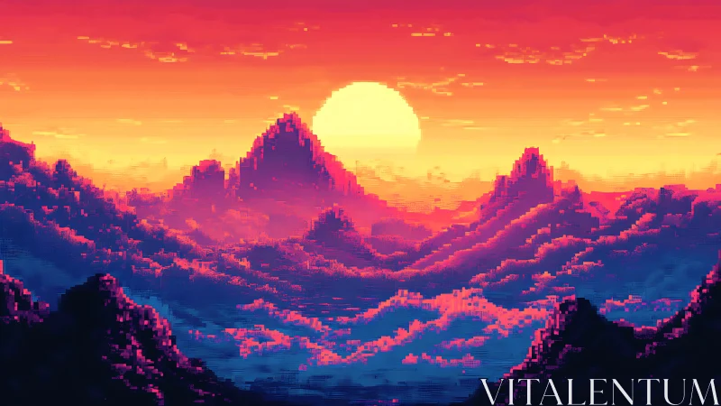 Pixelated mountain range under large sun at horizon.